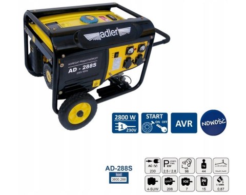 Agregat prądotwórczy ADLER AD-288S 230V – funkcje i wyposażenie, rozrusznik elektryczny