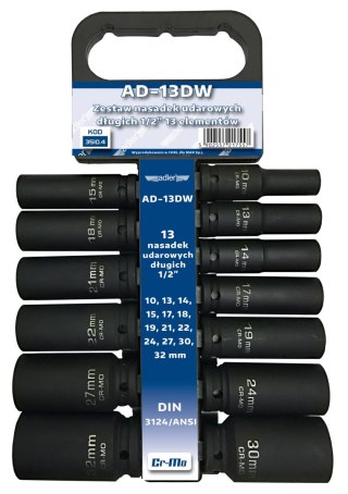 ADLER AD-13DW ZESTAW NASADEK UDAROWYCH DŁUGICH 1/2" 13 SZT. NA WIESZAKU