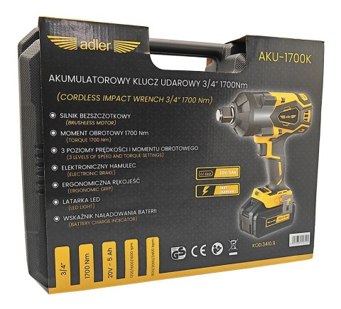 Akumulatorowy klucz udarowy 3/4" 1700Nm w zestawie z akumulatorem i ładowarką AKU-1700K/20V-5Ah