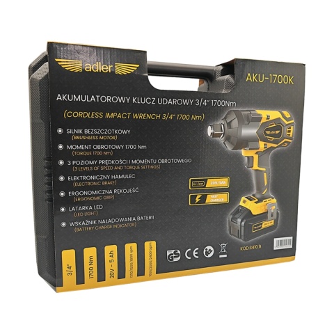Opakowanie zestawu ADLER AKU-1700K klucz udarowy 3/4 1700Nm 20V 5Ah