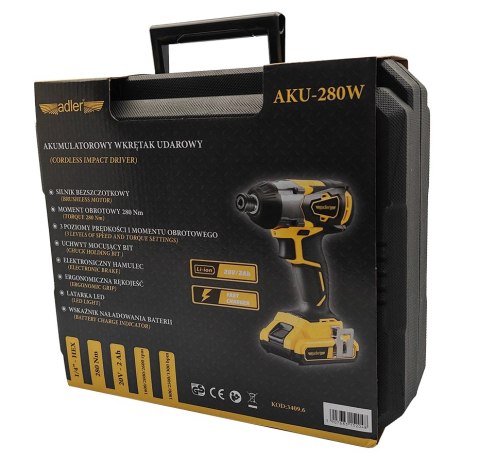 Akumulatorowy wkrętak udarowy 280Nm w zestawie z akumulatorem i ładowarką AKU-280W/20V-2Ah