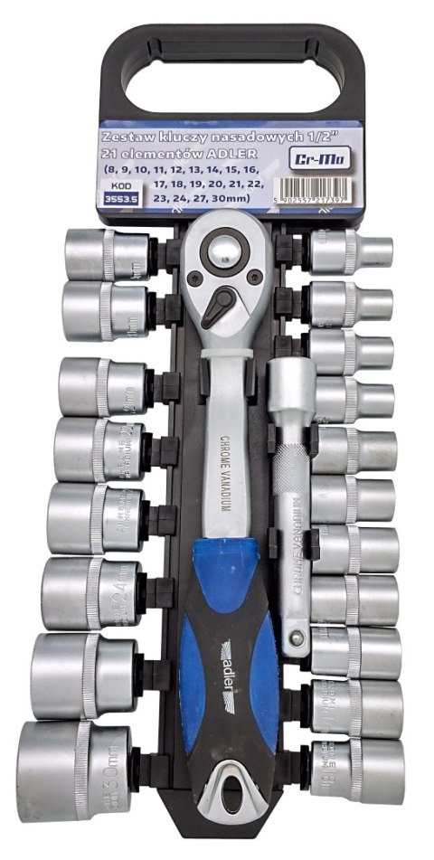 Zestaw - Klucze nasadowe Cr-V 1/2" - 21 elementów
