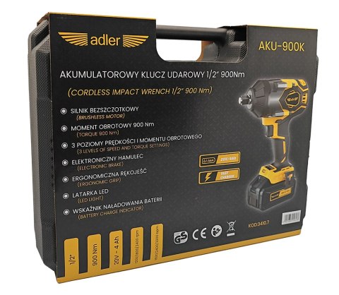 Akumulatorowy klucz udarowy 1/2" 900Nm w zestawie z akumulatorem i ładowarką AKU-900K/20V-4Ah