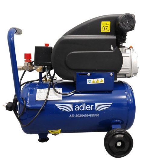 ADLER AD2020-25-8bar 230V z akcesoriami – kompresor olejowy 24 l, widok boczny
