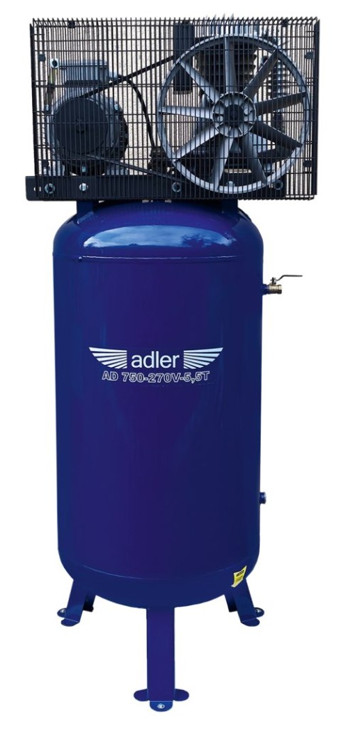 Kompresor pionowy ADLER AD750-270V 270L 10 bar – osłona wentylatora i pompa, widok z tyłu