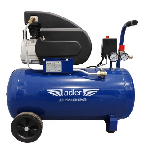 Zestaw: kompresor olejowy ADLER AD2050-50 230V 50L 8 bar + akcesoria – widok boczny