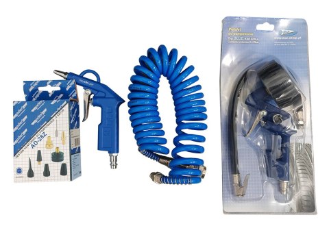 Akcesoria do kompresora: pistolet do pompowania, pistolet do przedmuchu, końcówki i wąż spiralny (zestaw)